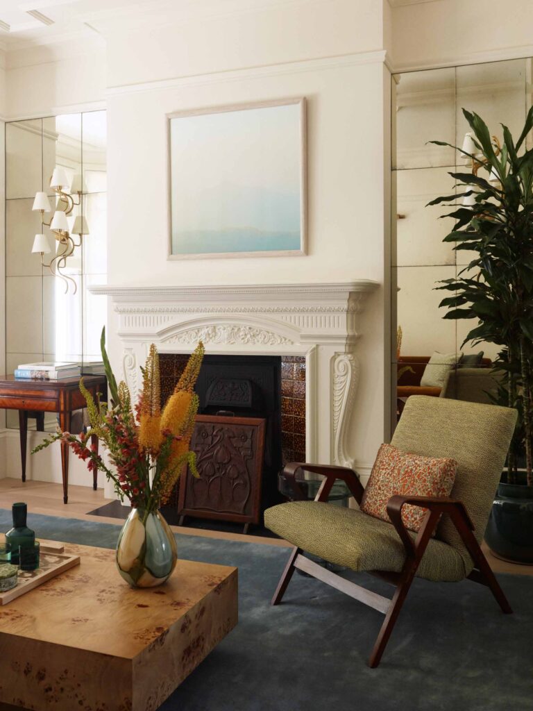 Living room with restored fireplace