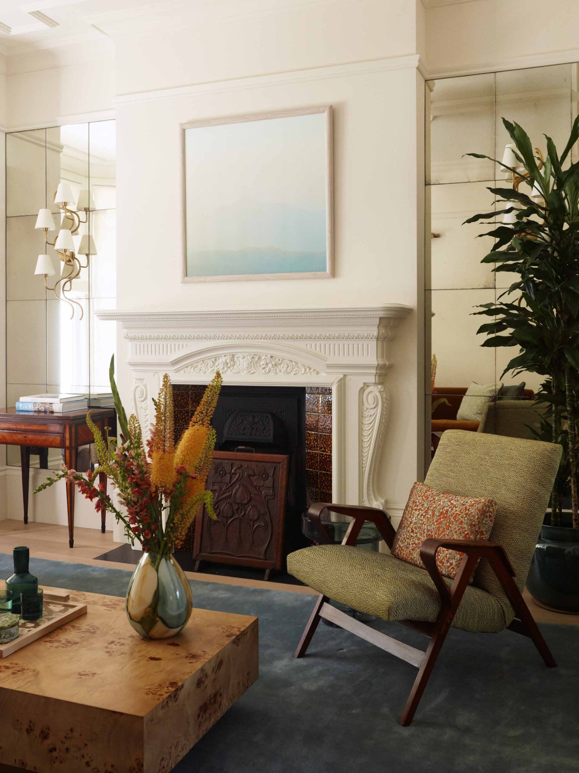 Living room with restored fireplace